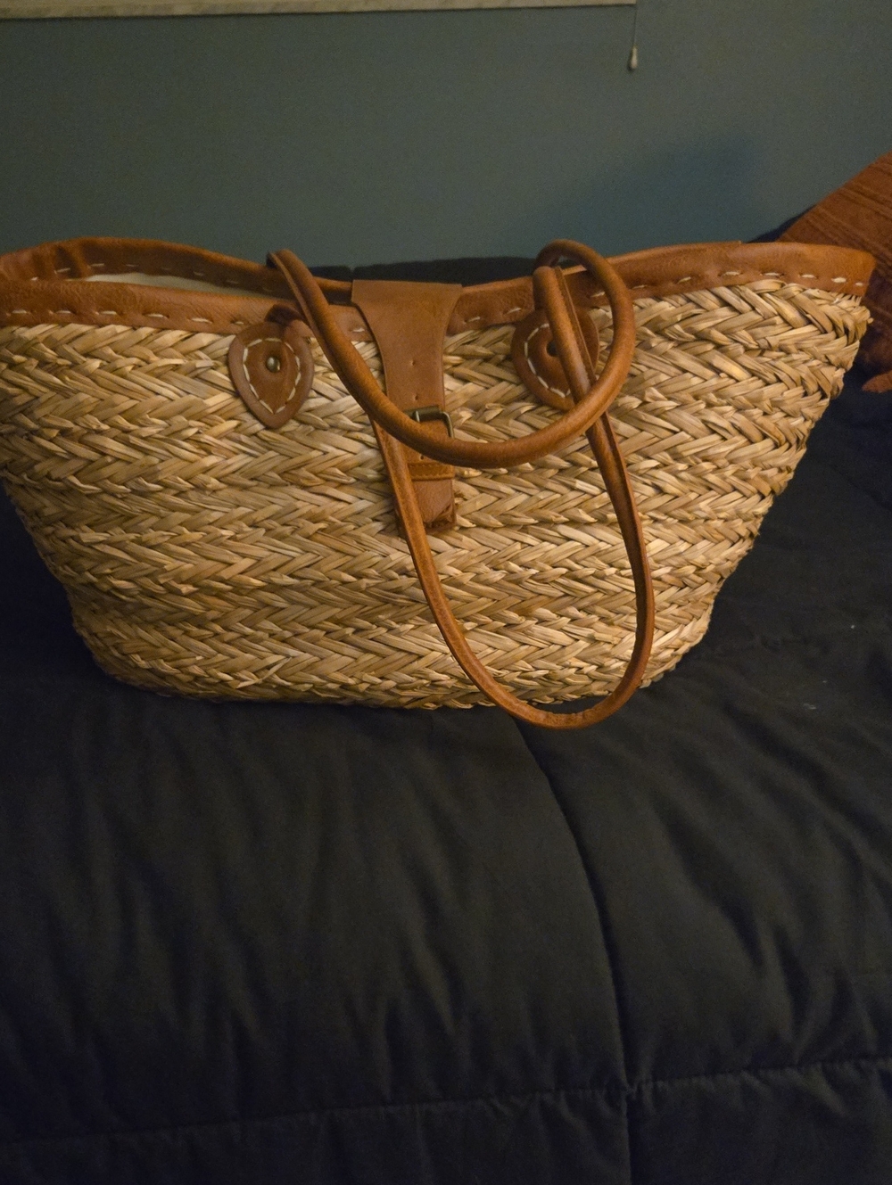 Woven Straw Hobo Bag Very Large with Tan Leather Trim